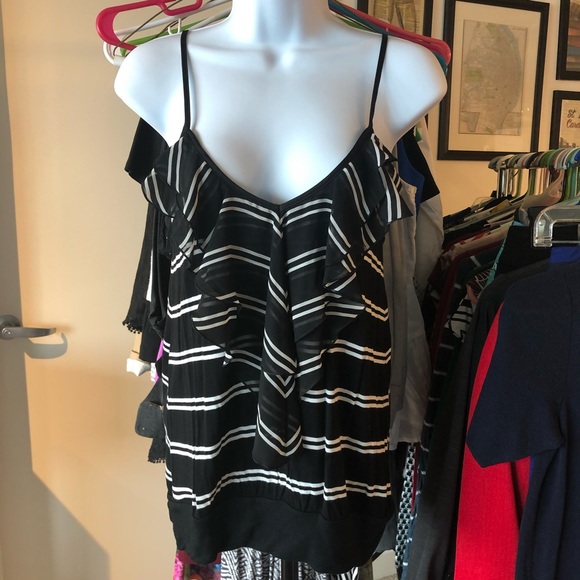 Express Tops - Express // Black & White Striped Banded Ruffle Top